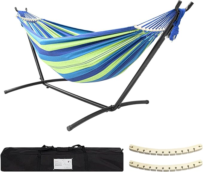 SZHLUX Double Hammock with Stand Included 450lb Capacity Steel Stand, Premium Carry Bag Included.Indoor Outdoor Brazilian-...