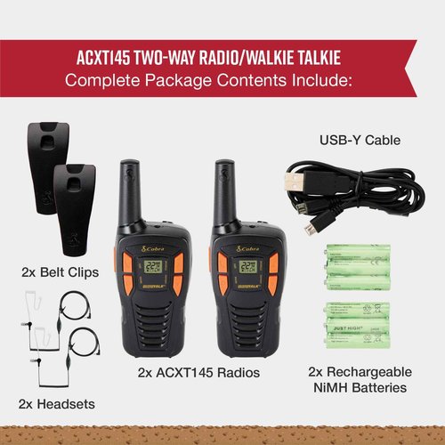 Cobra ACXT145 Compact and Lightweight Walkie Talkies for Adults & Compatible Cobra Surveillance Headset: Rechargeable, 22 Channels, Long-Range, 2 Two-Way Radios, 2 Headsets, Black/Orange