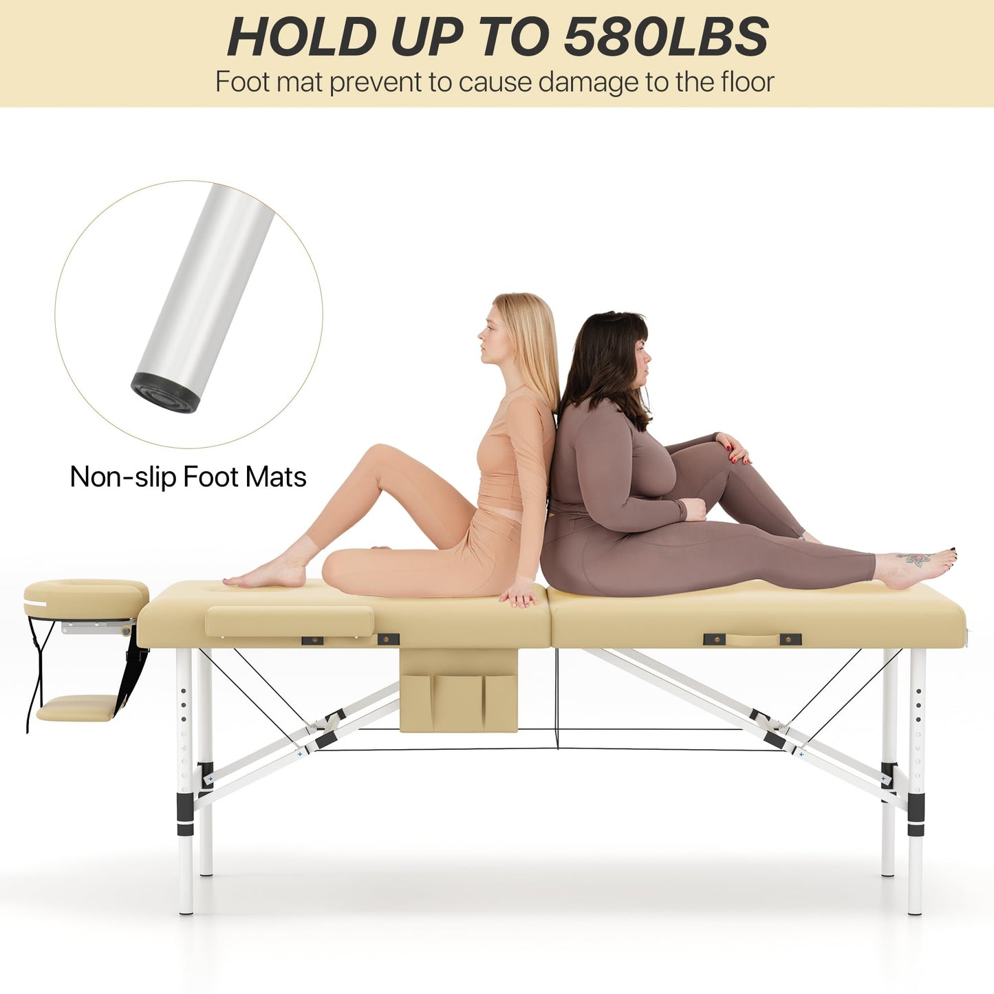 KCC Memory Foam Portable Massage Table, Foldable Tattoo Table Lash Bed Height Adjustable，28 Inchs Wide Home Salon Spa Bed Accessories &Carrying Case，Easy Set Up,Lightweight Aluminium Leg,Beige