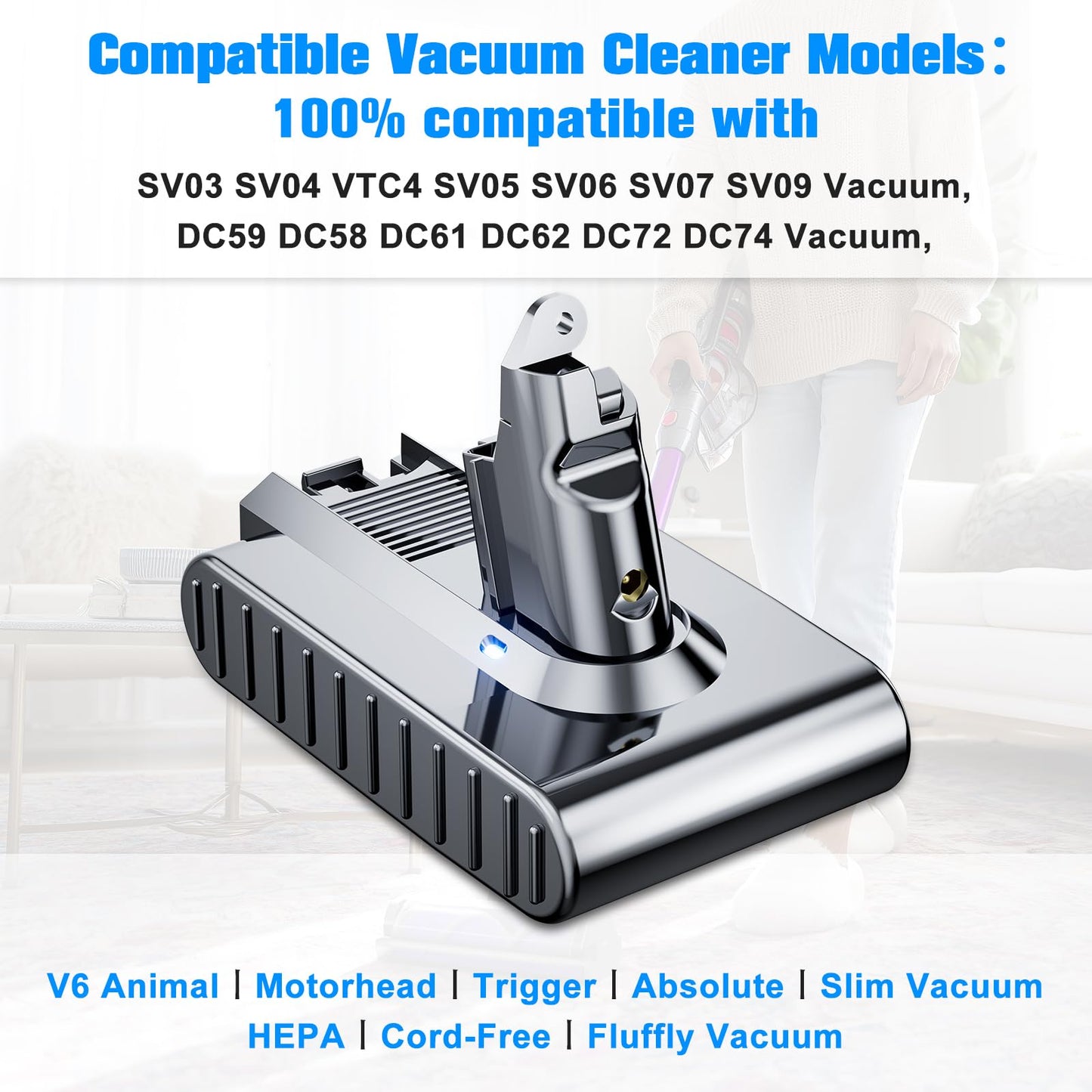 8000mAh Replacement for dyson V6 Battery 21.6V Lithium VTC4 SV03 SV04 SV05 SV06 SV07 SV09 DC58 DC59 DC61 DC62 DC72 DC74 Absolute Animal Motorhead Slim Vacuum with 2 Filters (V6)
