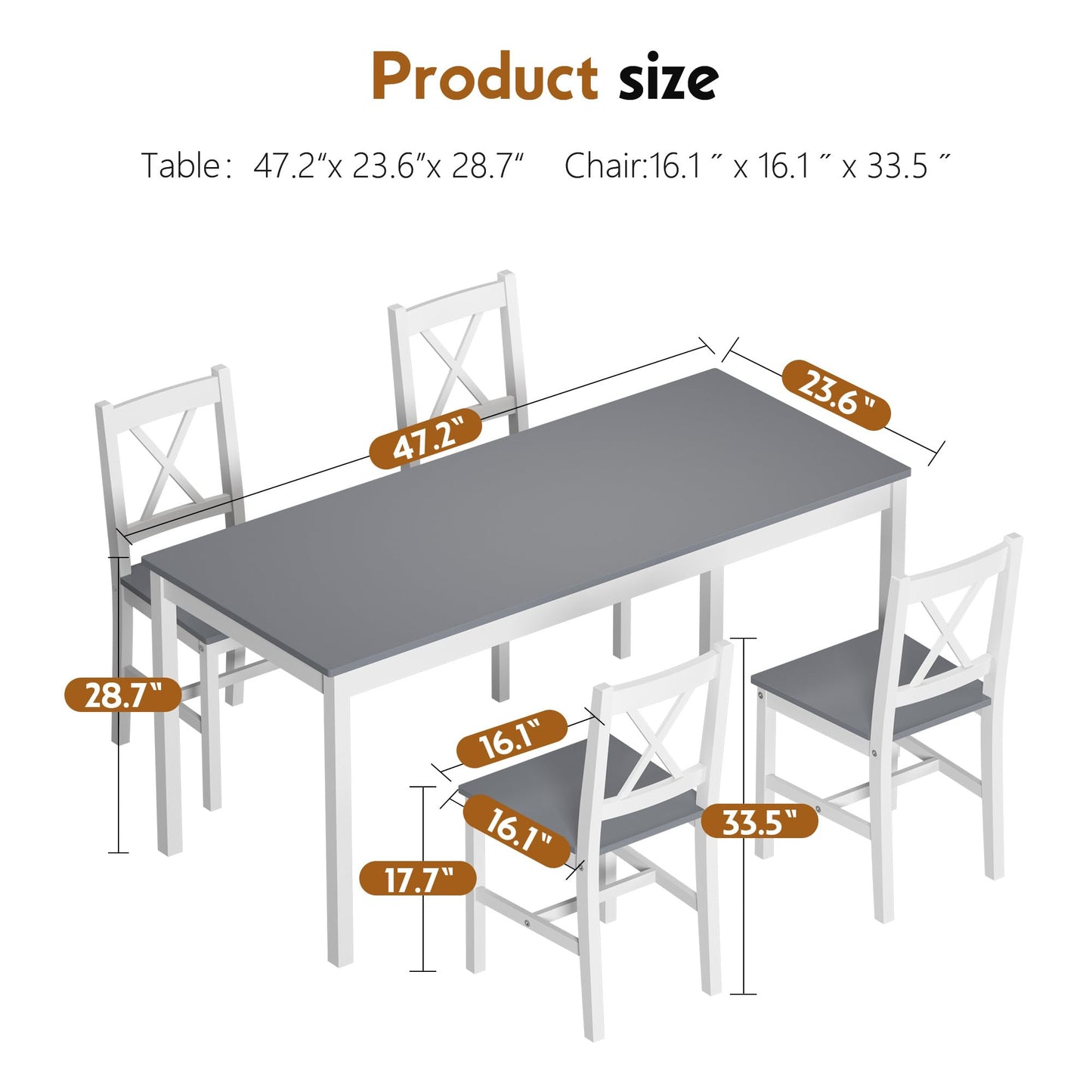 soges 5 Pieces Dining Table Set, Pine Wood Kitchen Table with 4 Chairs, 47.2 inch Table Set for 4, Rectangular Dining Table Furniture Set for Kitchen, Dining Room, Dinette, White Grey