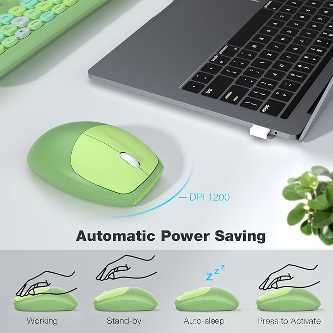 MOFII Wireless Keyboard and Mouse Combo, Colorful Full Size Keyboard with Number Pad, Silent Cute Wireless Mouse, 2.4GHz Dropout-Free Connection, for PC Laptop Computer (Green Color)