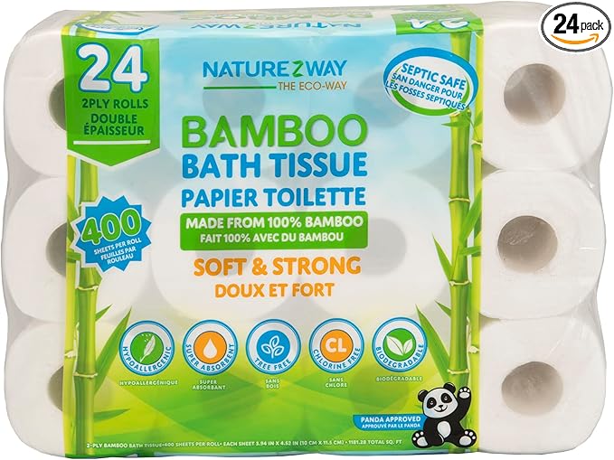 NatureZway Bamboo Toilet Paper – 24 Pack | Ultra Soft, Eco-Friendly, 2-Ply, Tree-Free, Septic & RV Safe | 100% Bamboo Pulp, Strong & Clog-Free Bath Tissue