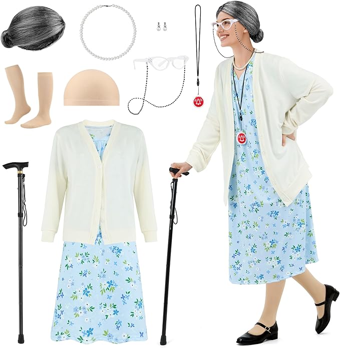 SOMSOC 8 Pieces Women Old Lady Costume Grandma Dress Cardigan with Wig Glasses Cane for 100 Days of School Cosplay