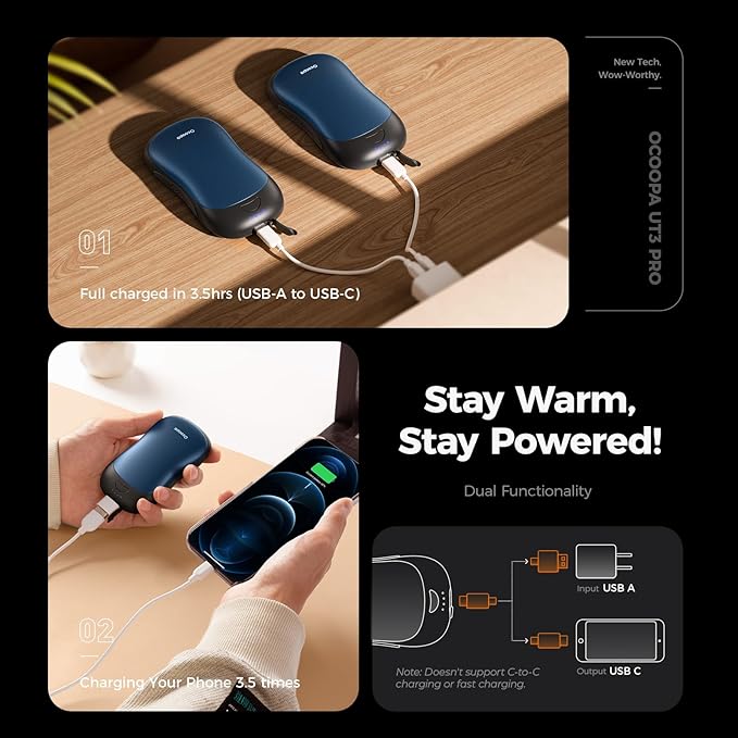 OCOOPA AI Smart Magnetic Double-Sided Heating Hand Warmers Rechargeable 2 Pack,10000mAh Electric Heater, Larger Warming Surface, 4 Heat Levels, Max 136°F, Men Gifts for Christmas,UT3 PRO