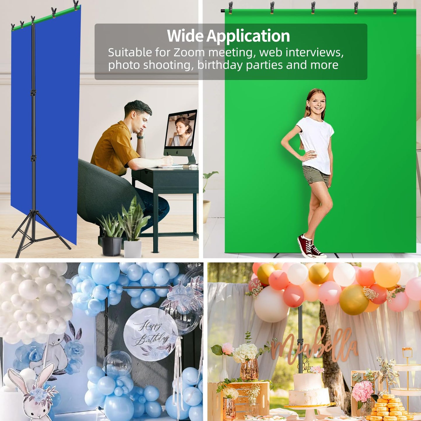 Blue Green Screen Backdrop Kit, HEMMOTOP 2-in-1 7x5 ft Green Screen Stand for Streaming, 6.5x5 ft 2-Sided Reversible Blue Photo Background with Backdrop Stand for Photography, Zoom with Case & Clips