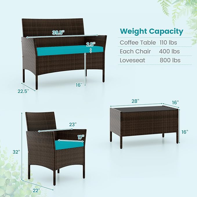 RELAX4LIFE 4-Piece Patio Furniture Set - Rattan Outdoor Conversation Bistro Set w/Cushions, Glass Coffee Table, Wicker Chairs & Loveseat for Garden Backyard Porch, Balcony Furniture Set (1, Turquoise)