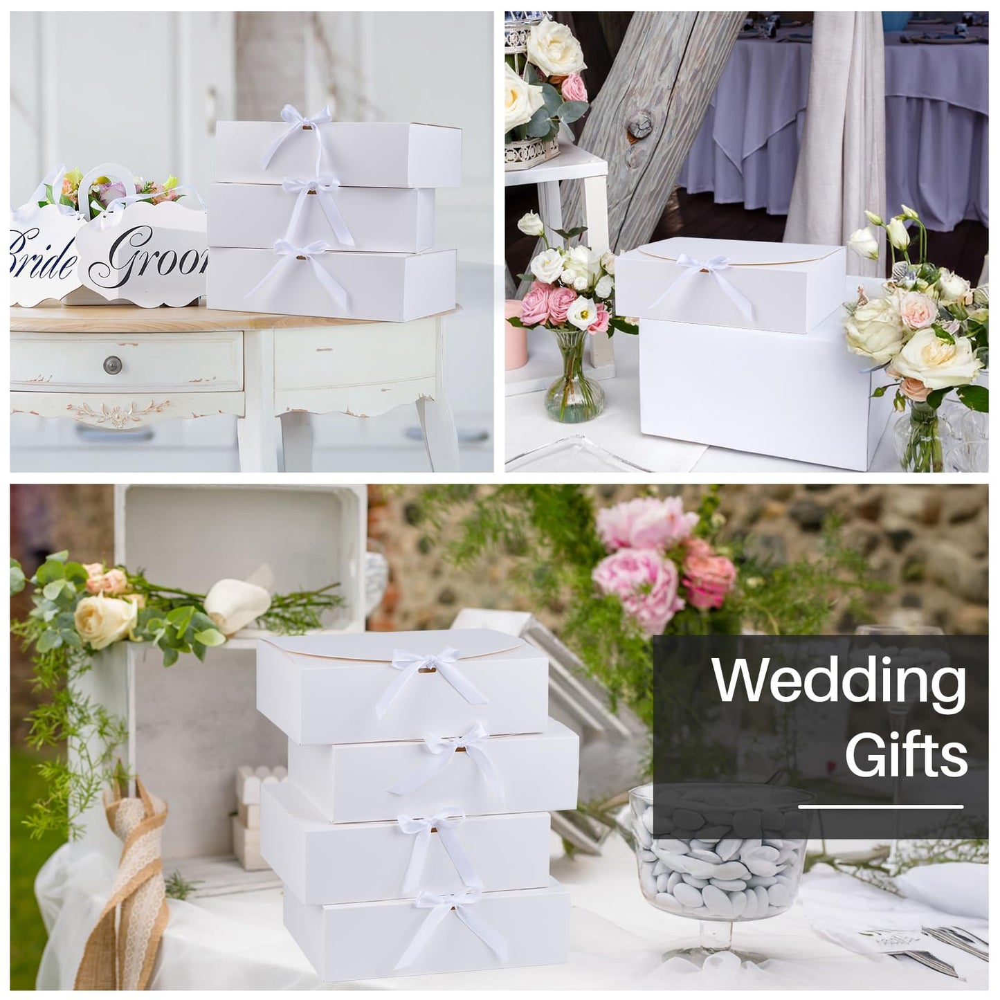 24 Pack Gift Boxes with Lids, 12×9.8×3.1 Inch Groomsmen Proposal Box, Luxury Black Gift Box with Ribbon for Wedding, Packaging, Present, Birthday (White)