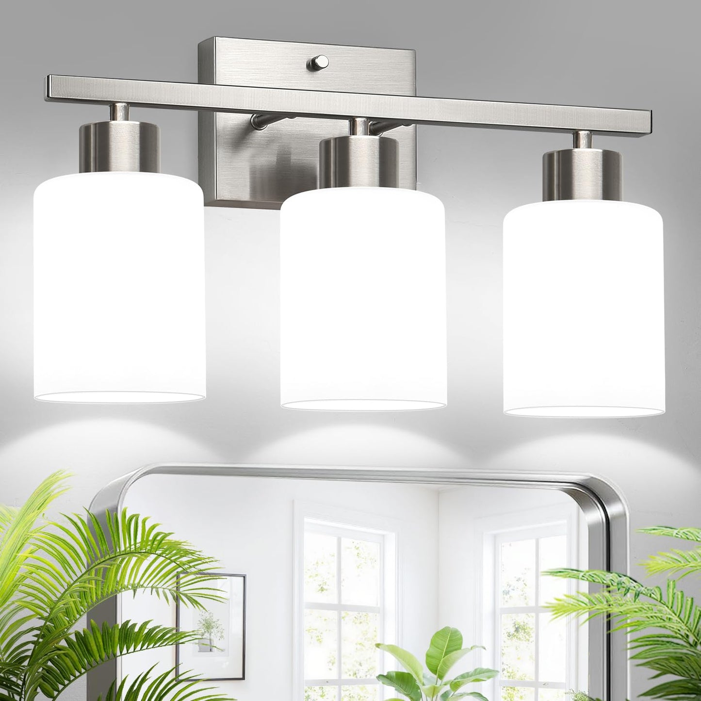 Brushed Nickel Bathroom Light Fixtures with Milk Glass Shades, Eye-Friendly 3 Light Vanity Lights for Bathroom, Vanity Lights with E26 Socket, for Mirror, Living Room, Bedroom, Hallway