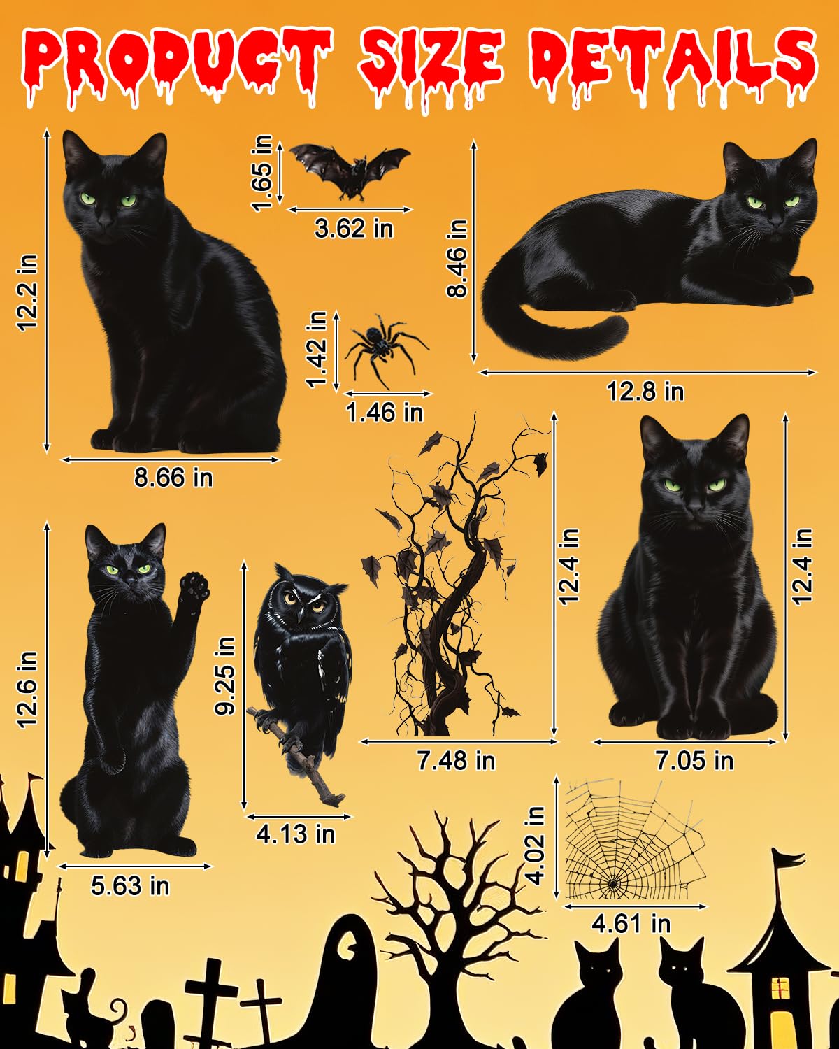 ALKB Halloween Window Clings Stickers - Halloween Window Decorations with Scary Spider Web Black Bat & Cat, Reuseable Double Sided Halloweens Static Clings for Home Decals