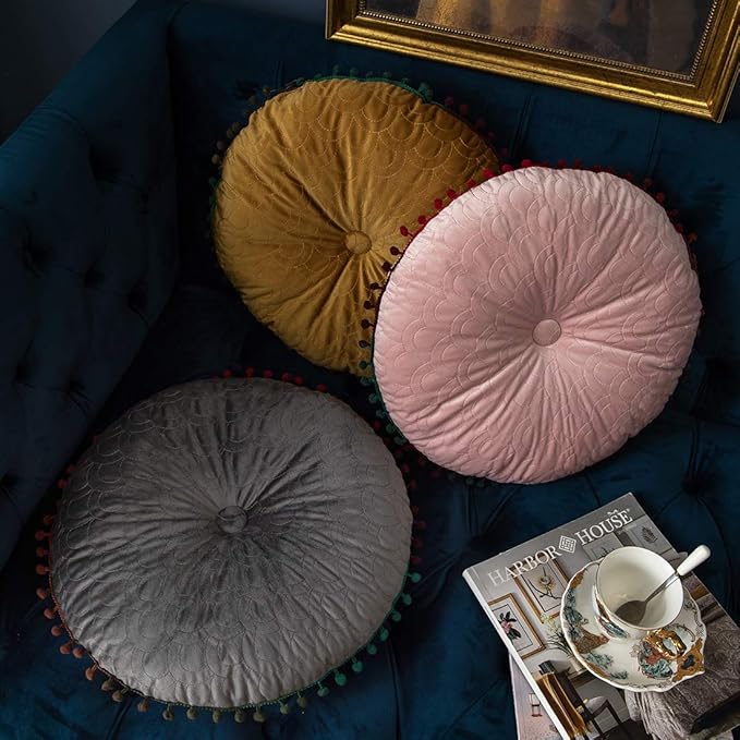 vctops Velvet Soft Round Chair Pads Cute Gradient Pom Pom Indoor Dining Chairs Cushion (Grey, Diameter 16")