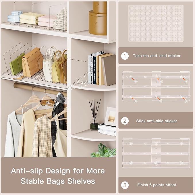 Criusia Adjustable Closet Purse Organizer Rack – 28.8" Extra-Long Shelf Divider with 12 Base Panels & 16 Dividers – Non-Slip Handbag Holder for Bags, Clothes, Kitchen, Office