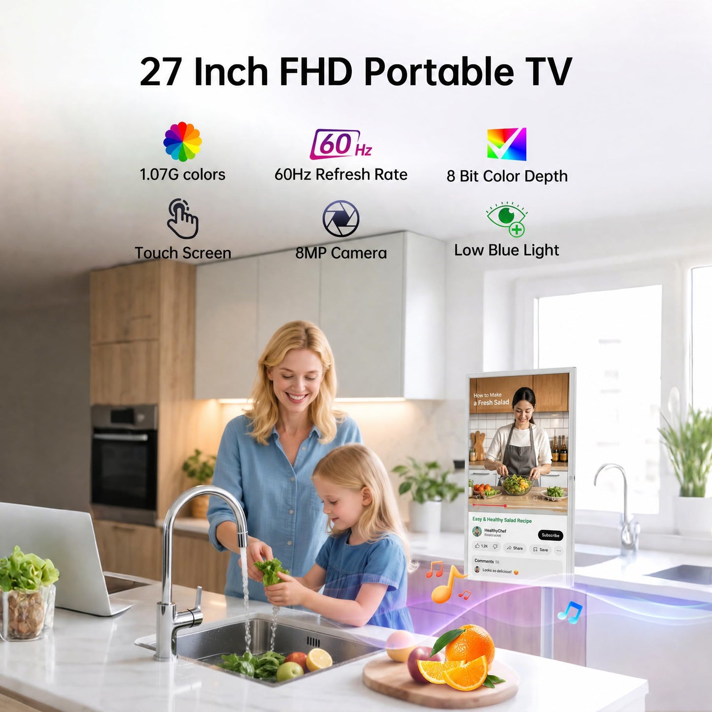 HORION Smart Portable TV,27 Inch FHD Portable Touch Screen Monitor with 8MP Camera, 8GB+128GB, Android 14, Google EDLA-Certified,Built-in Speaker, Tilt/Height/Swivel/Pivot Stand,Built-in Battery