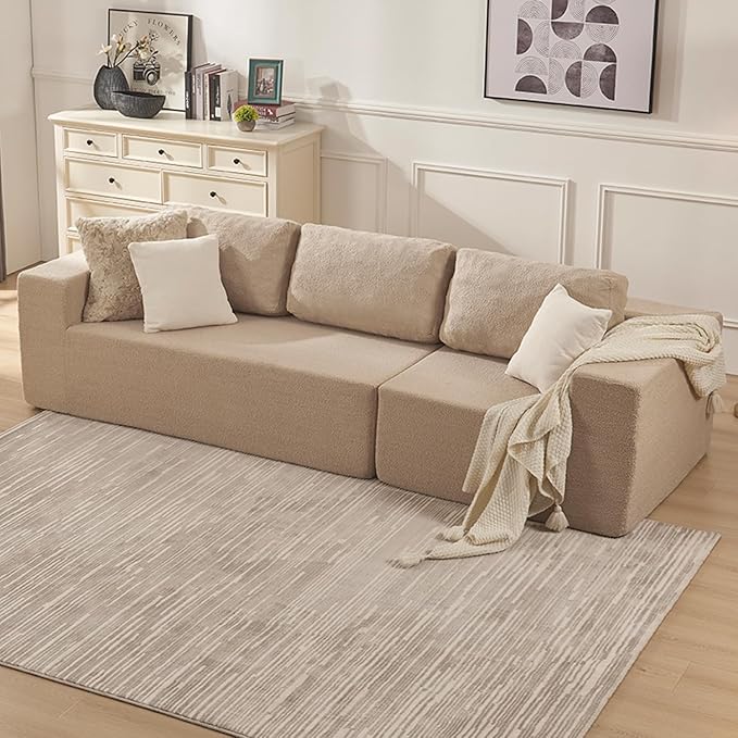 Furnify 106" 3-Seater Sofa, Cloud Modular Sofa with Certified Foam, Upholstered Floor Sofa with Deep Seat, Upholstered Sofa for Bedroom Living Room, No Assembly Required (Teddy Boucle, Camel)