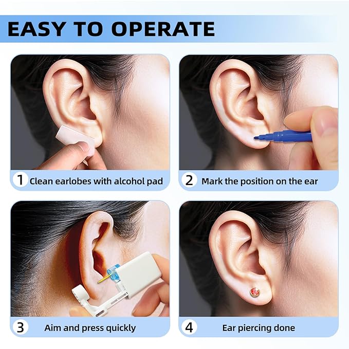 Get the Perfect Ear Piercing with 24 Pcs Premium Ear Piercing Kit - Includes 8 Red CZ Stones Earrings and 8 Easy-to-Use Self Ear Piercing Gun - Safe and Painless