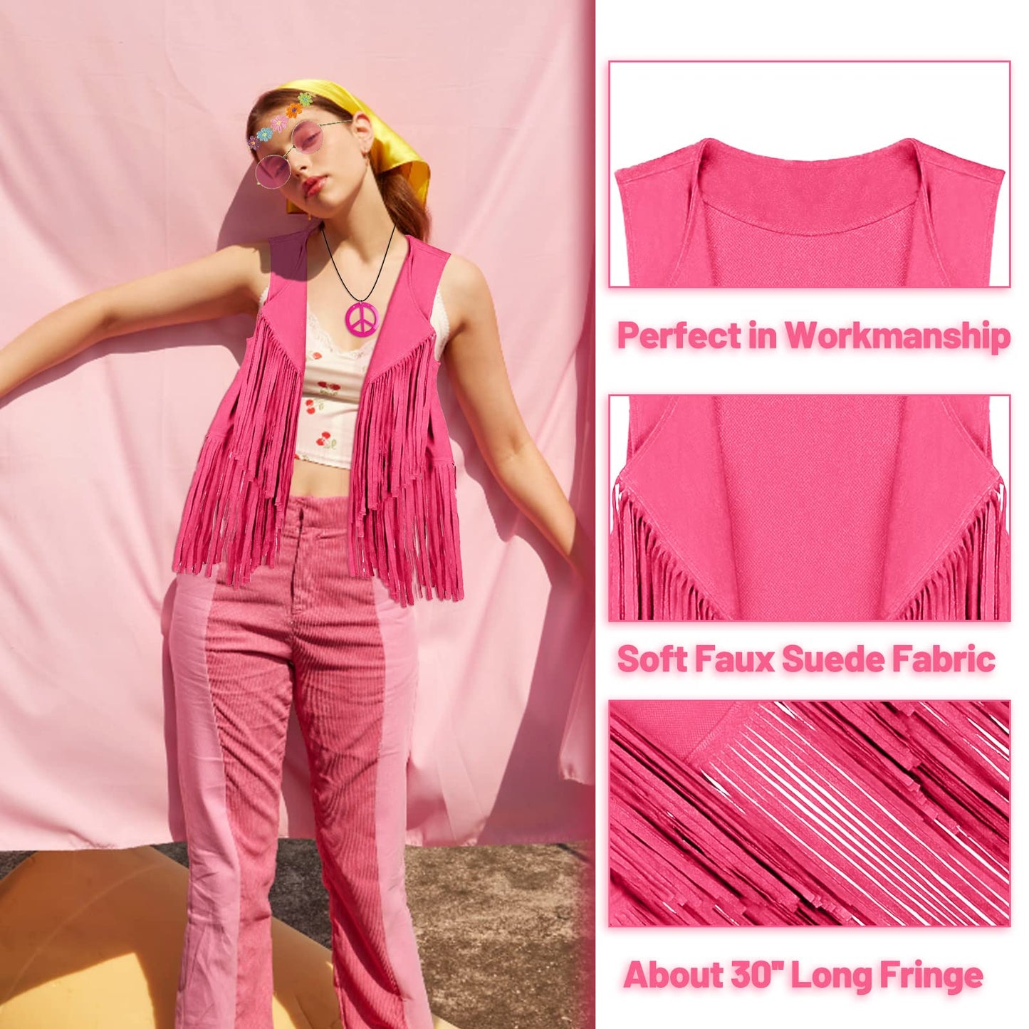 FunMular 60s 70s Outfits for Women Hippie Costume Set Peace Sign Earring Headband Fringe Vest Tassel Cardigan (Pink, M)