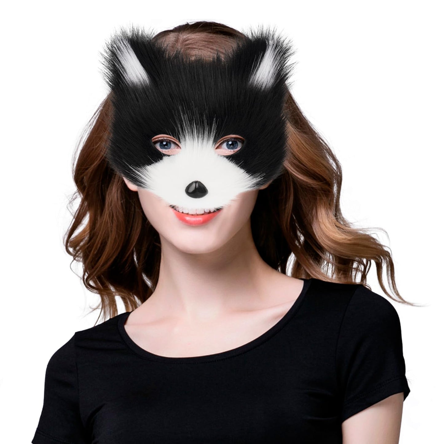hbbhml Faux Fur Fox Mask Wolf Cat Fluffy Tail and Leather Necklace Set Halloween Party Cosplay Costume Accessory