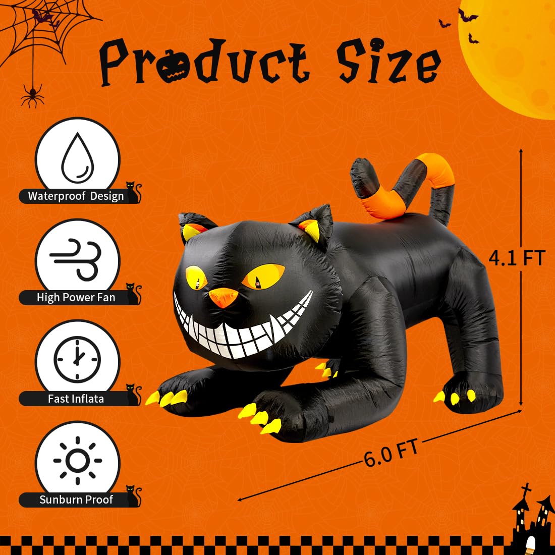 GOOSH 6 FT Halloween Inflatables Outdoor Black Cat with Shakable Head, Blow Up Yard Decoration with LED Lights Built-in for Holiday/Party/Yard/Garden