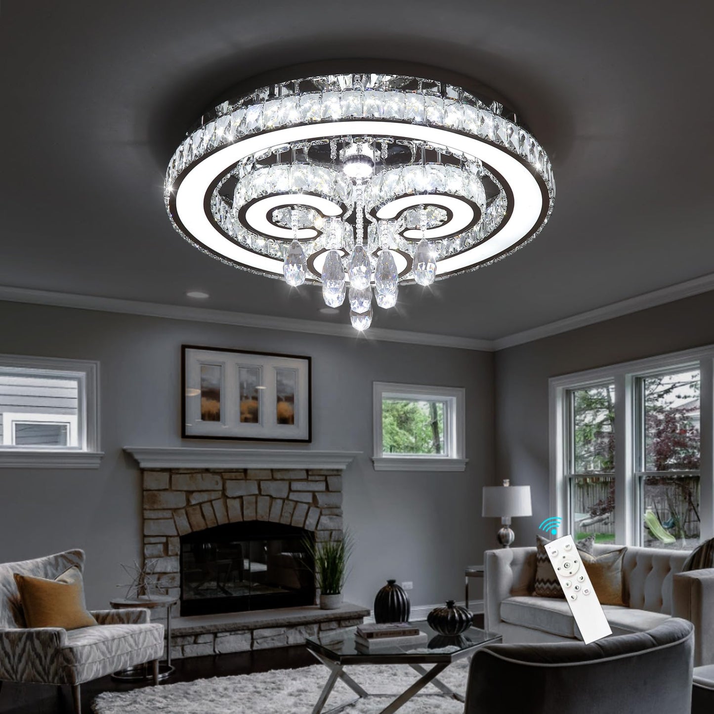 HAIXIANG Modern Glam Chandelier LED Crystal Light Interior Luxury Ceiling Chandeliers Remote Dimmable Lights Fixture 24 Inches Silver Light