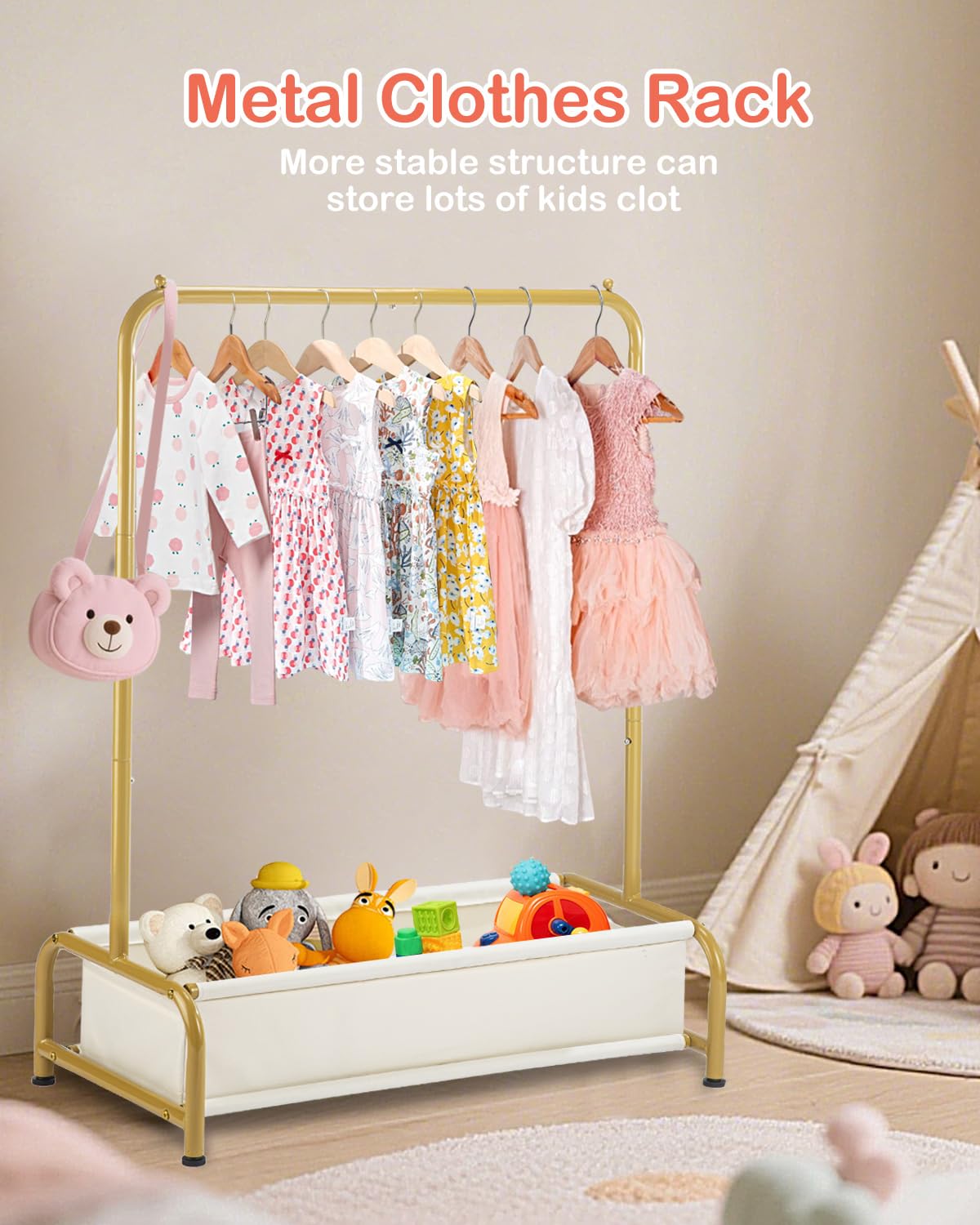 Atrastout Kids Clothing Rack-Portable Kids Clothing Rack with Storage Shelf - Toddler Garment Organizer for Baby Clothes, Dance Costumes, Girls Gift Ideas（Bright Gold）