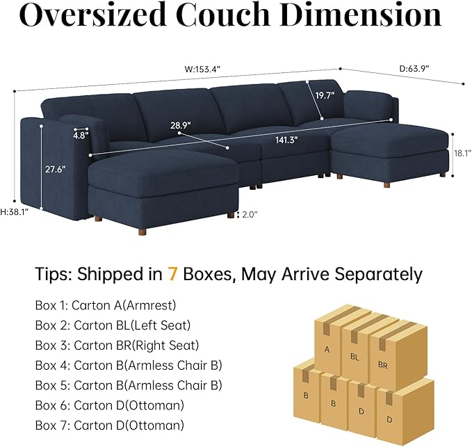 CUGOAO 153.4'' Modular Sectional Sofa, Oversized U-Shaped Sectional Couch with Ottoman, Deep Seat Chenille Cloud Couch, Mordern Upholstered Couches for Living Room, Apartment, Office, Blue