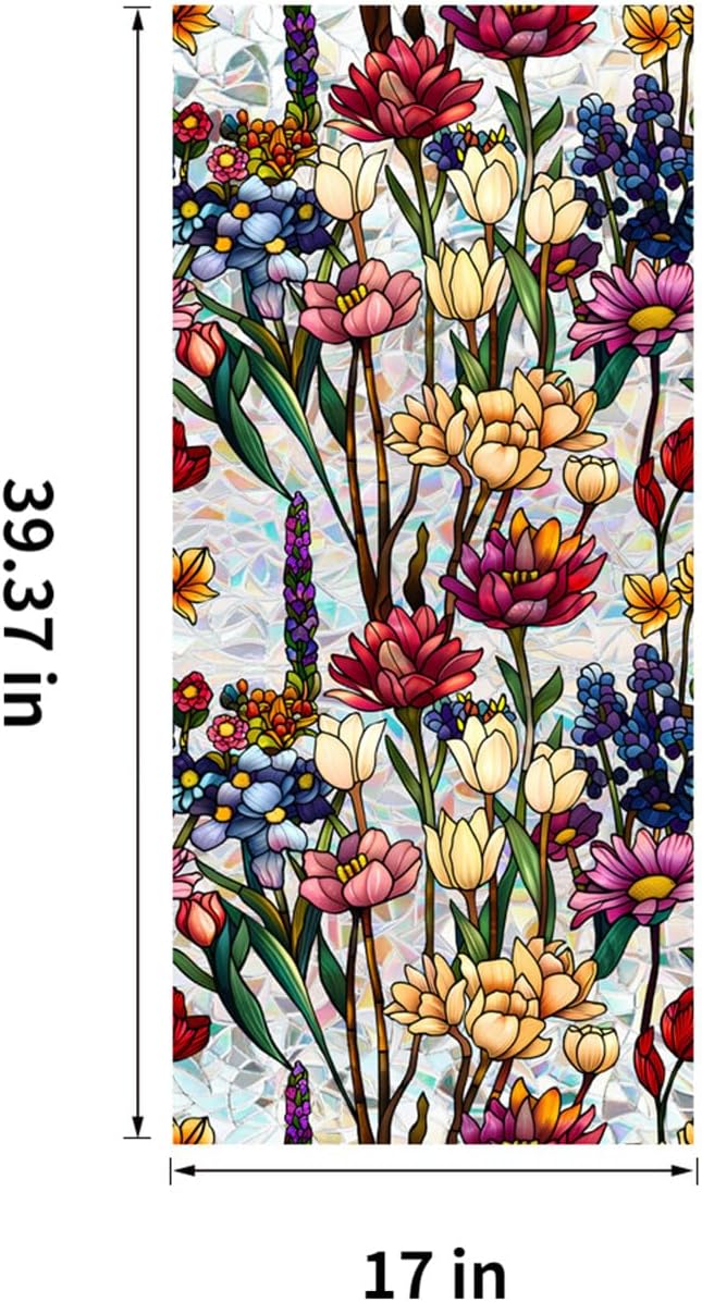 Stained Glass Window Film UV Resistant Window Privacy Film Colorful Flowers Privacy Rainbow Decals Living Room Bedroom Sun Blocking Decor Removable Static Cling Stickers 17 x 39.37 Inch