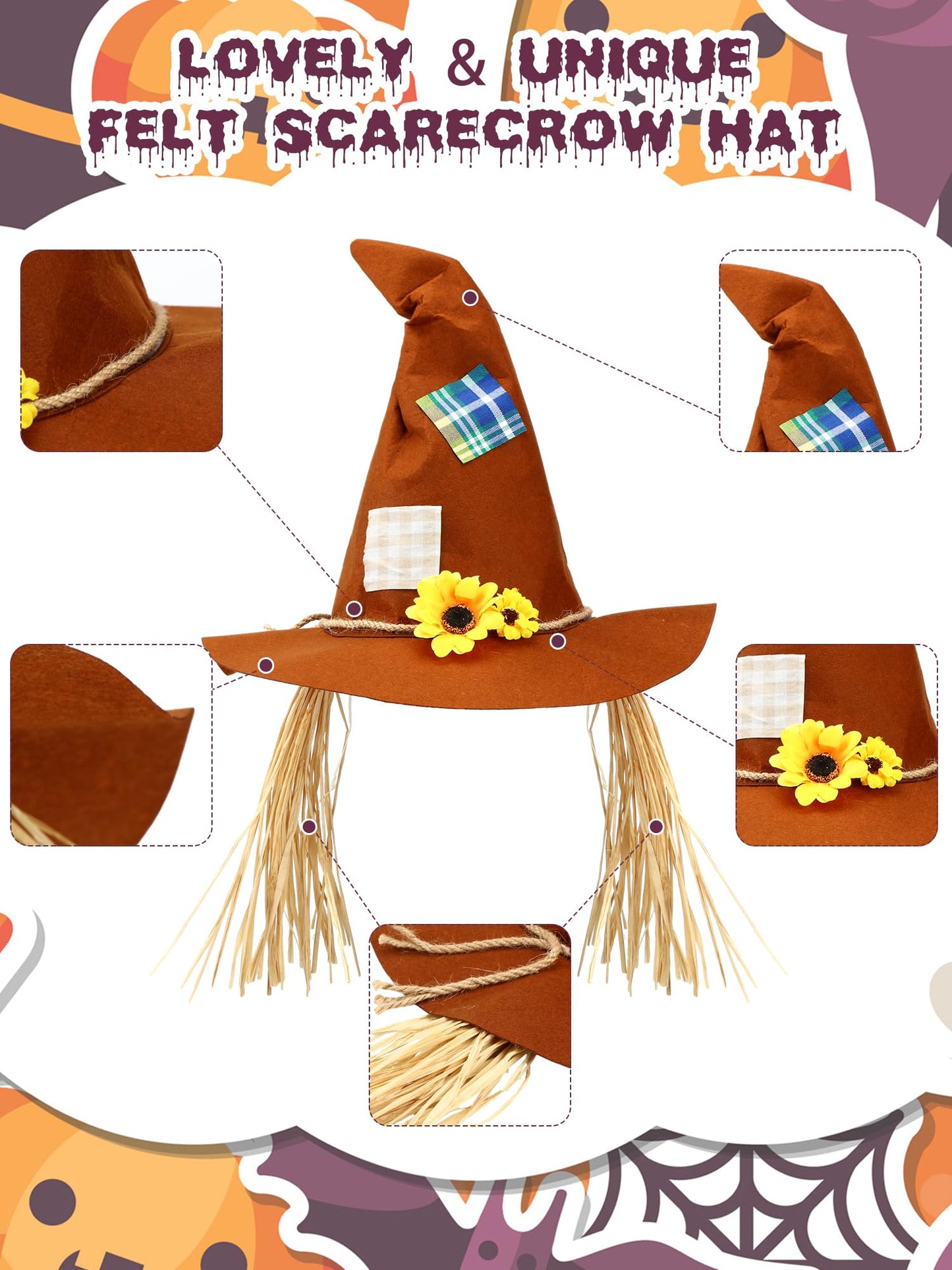 Ramede 3 Pcs Halloween Scarecrow Hat Felt Scarecrow Costume Accessory Straw Witch Sunflower Wizard Hat Halloween Raggedy Hat for Cosplay Party Accessory Adult Men Women, Multicolor
