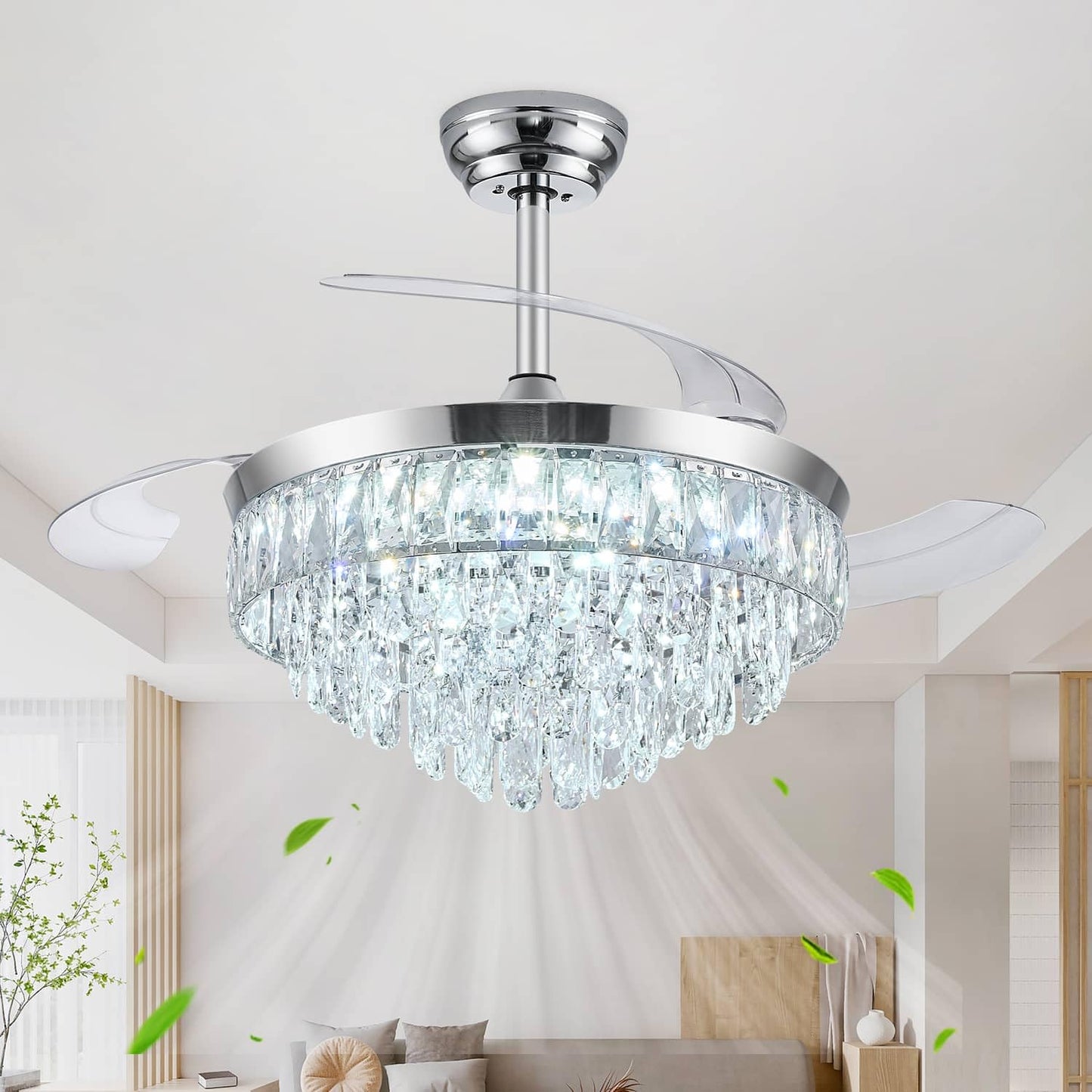 Deliyfans 42'' Chandelier Ceiling Fan with Lights, Retractable Fan with Remote and APP, Crystal Fandelier Ceiling Fan, Dimmable LED, Reversible Motor, Quiet for Bedroom Living Room-Chrome