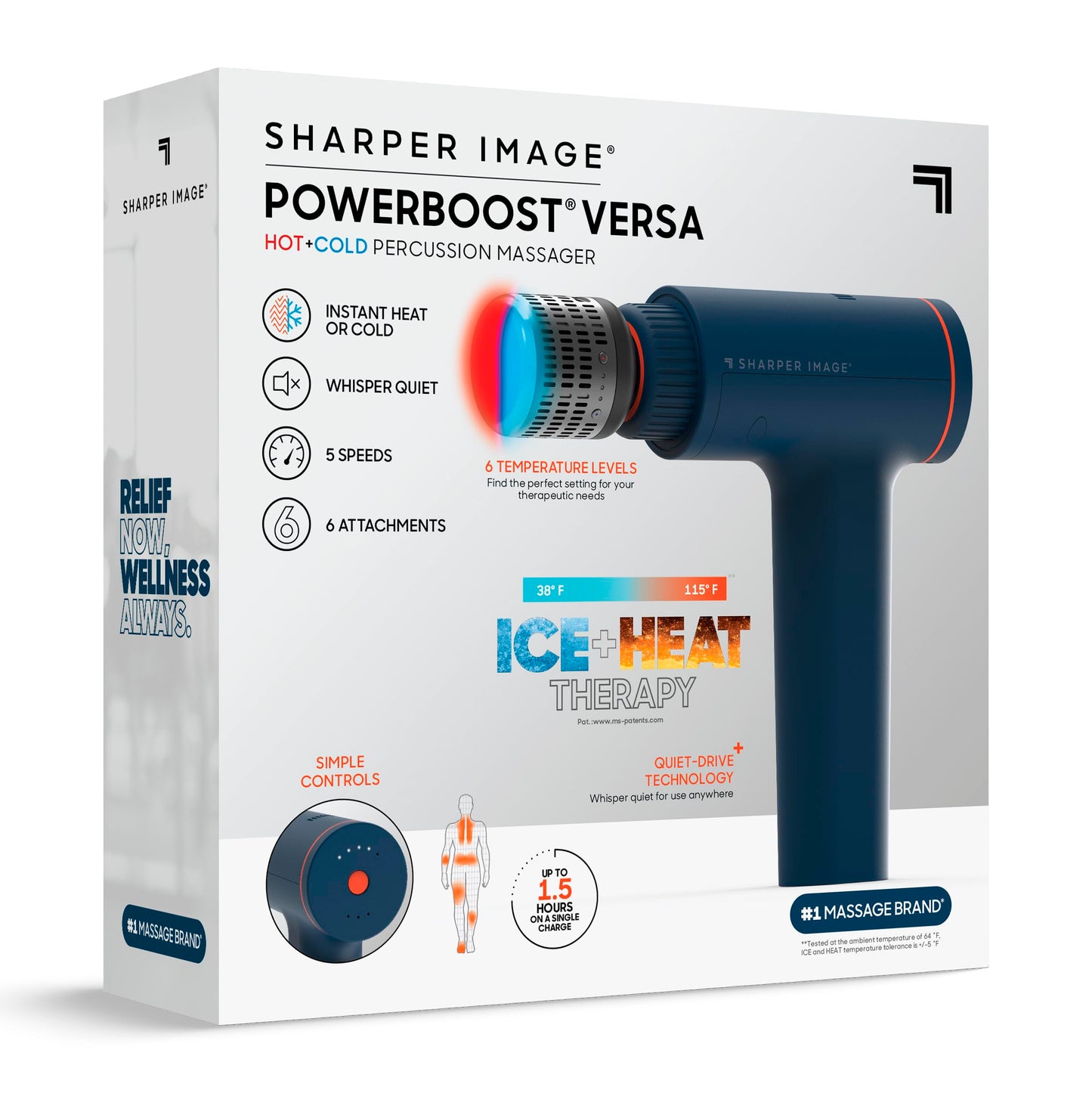 Sharper Image Deep Tissue Percussion Massage Gun, Powerboost Versa Hot & Cold Rechargeable Handheld Massager, 5 Adjustable Speeds, 6 Attachment Heads & Carrying Case, for Muscle Pain Relief, Blue