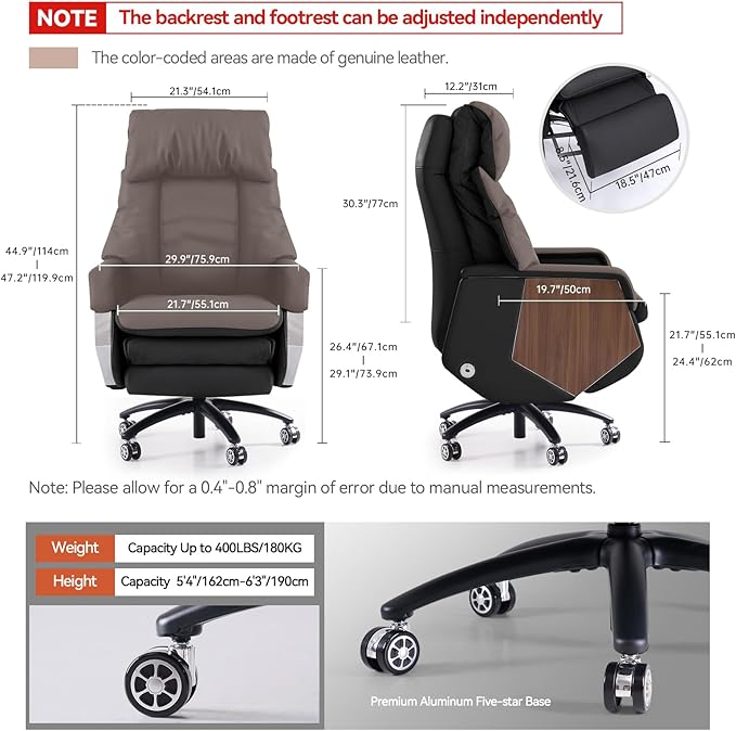 EMIAH Ergonomic Executive Office Chair with Footrest Electric Reclining Big and Tall Office Chair with Massage and Adjustable Lumbar Sopport Comfortable Desk Chair, Genuine Leather (Black)