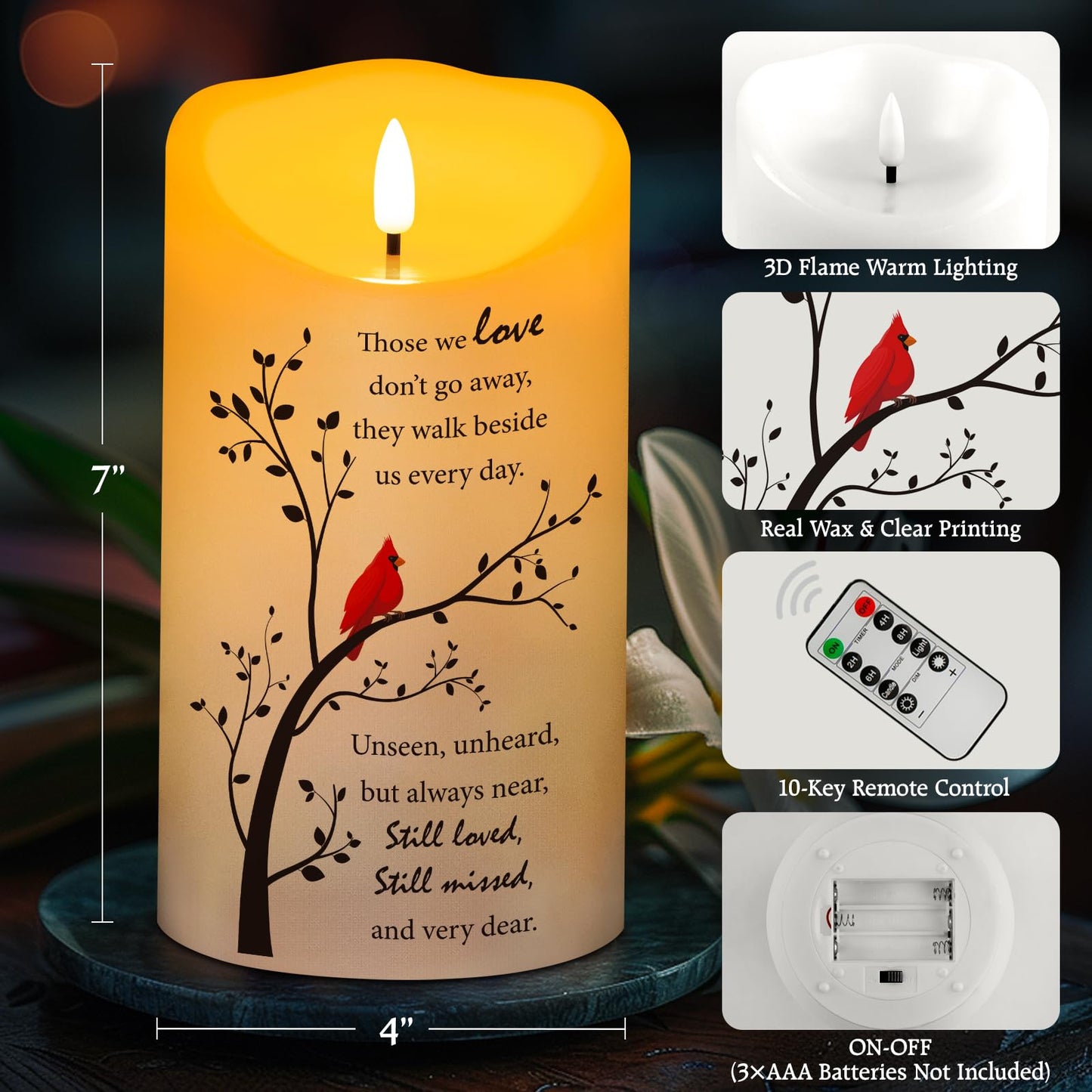 HN HAIINAA Flameless Memorial Candle, Real Wax LED Light with Remote Sympathy Gifts for Loss of Loved One, Mother, Father - Remembrance Gift (4" x 7")