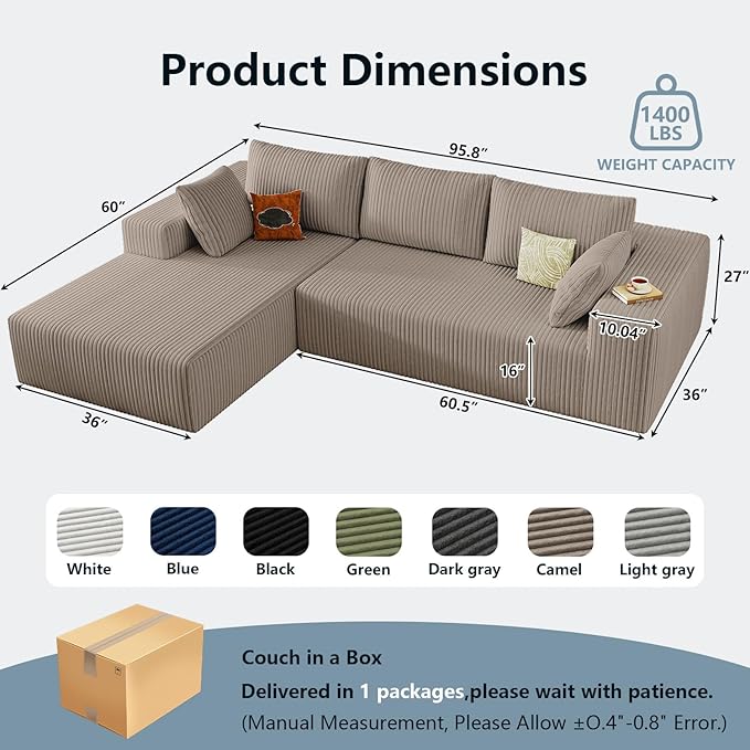 96" Cloud Sectional Couch with L-Shape Chaise, Modern Corduroy Boneless Couch for Living Room,Memory Foam Sofa with Deep Seat,No Assembly Required (Camel,Left-Facing Chaise)
