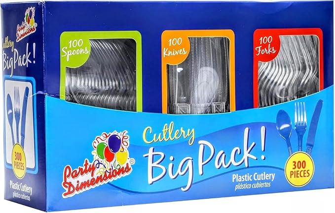 Party Dimensions 300 Count Plastic Cutlery Combo Box, Disposable Clear Plastic Silverware Utensils Set, 100 Forks, 100 spo...