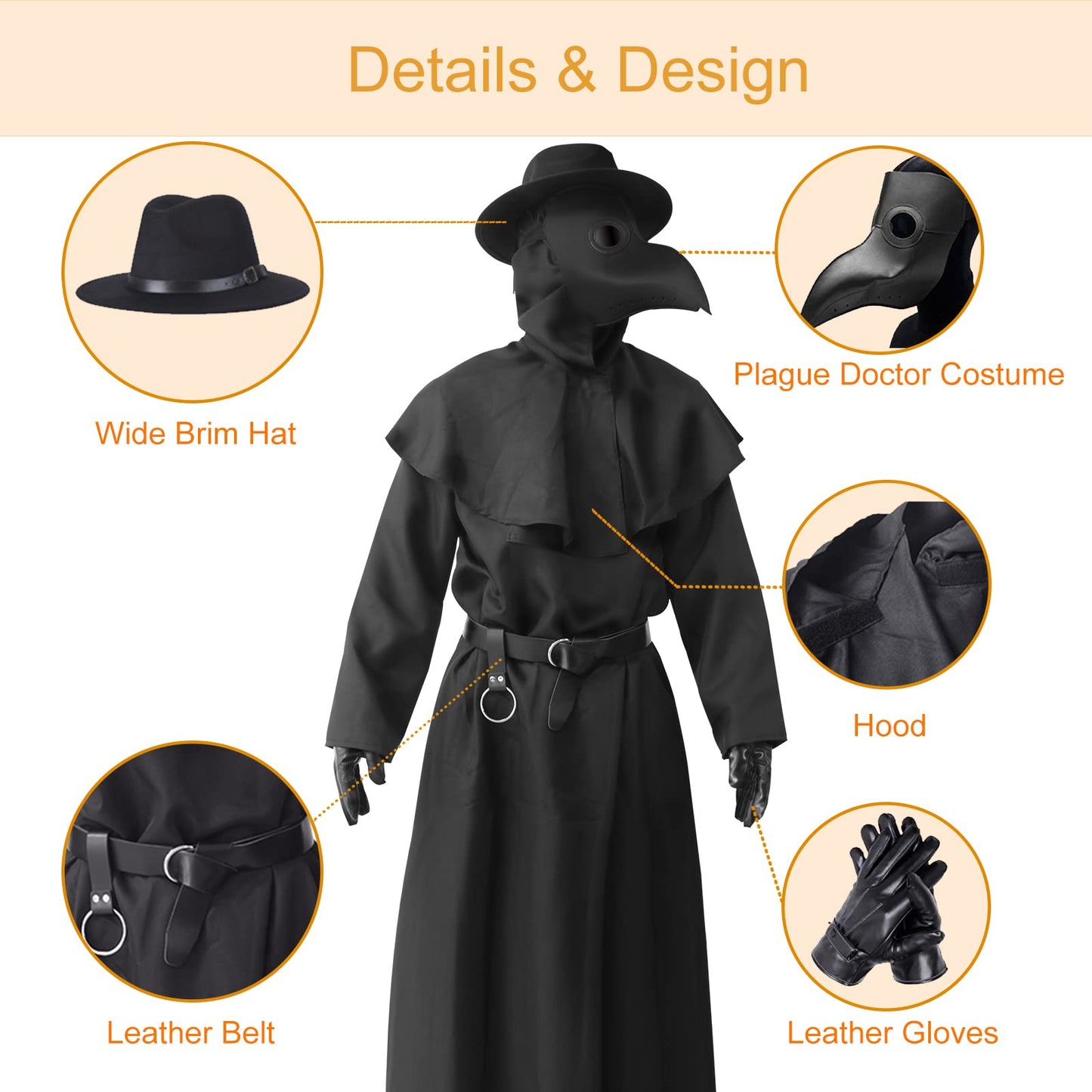 ATTBEA Halloween Costume Compatible for Plague Doctors with Bird Beak Mask, Black Cloak Robe with Hood, Medieval Monk Priest Cosplay for Men Women Adults