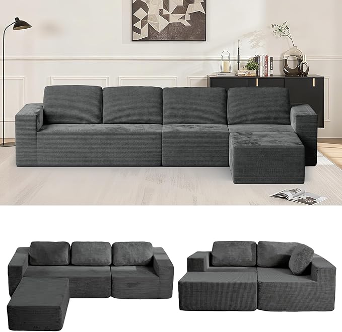 Furnify 136" Cloud Sectional Couch, Left/Right Facing Convertible Sofa with Deep Seat, L-Shape Modular Upholstered Foam Couch for Living Room Bedroom, No Assembly Required (Corduroy Fabric, Grey)