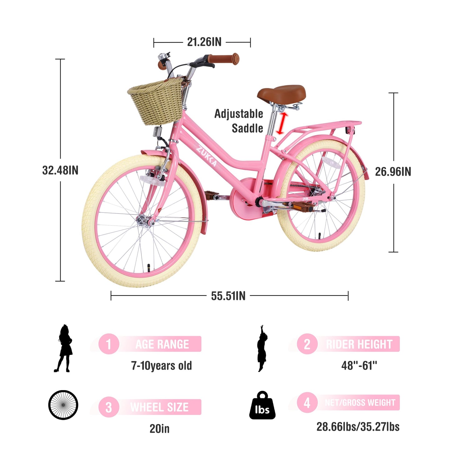 BALINGE 20" Inch Girls Cruiser Bike Single-Speed Hybrid City Bicycle for Youth Over 7 Years Old with Wicker Basket & Rear Rack，Kids Cycle Bikes，Lightweight, Hand Brake&Pedal Brake，Light Pink