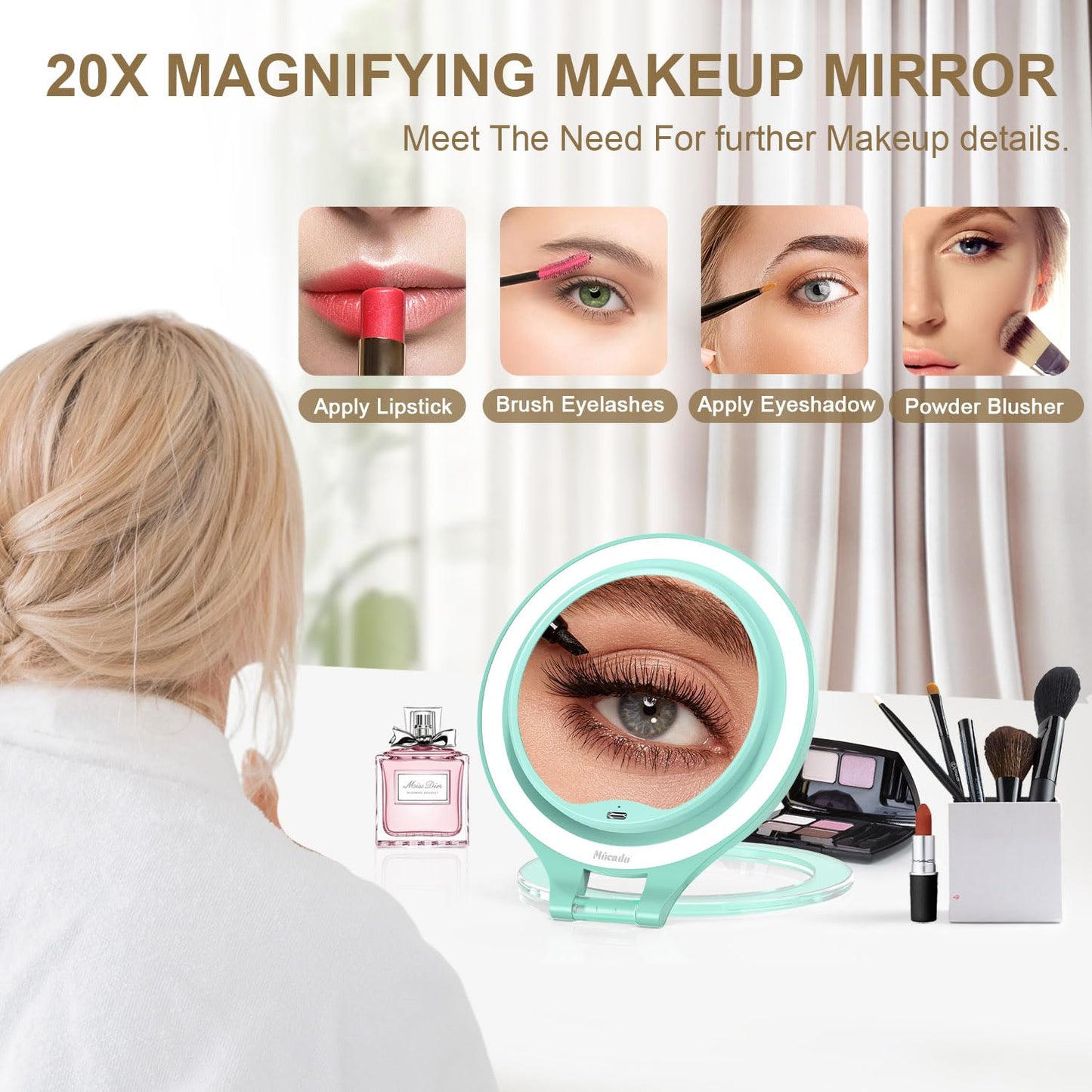 Mocado Travel Makeup Mirror with Light, 1X/20X Magnifying, Double Sided, 3 Color Light, Dimmable Touch, Rechargeable, Tabletop S