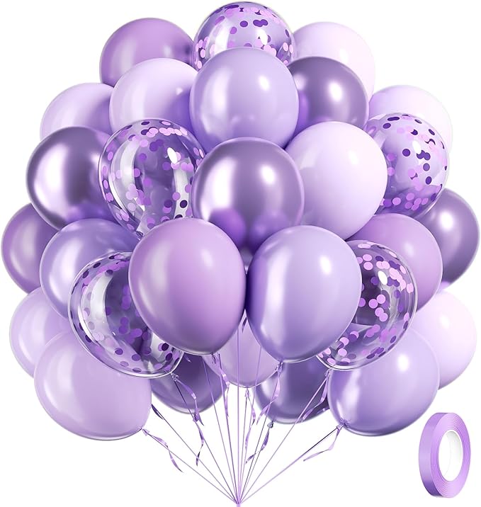 60pcs Lavender Balloons 12inch, Light Purple Balloons with Pastel Metallic Pearl Purple Confetti Balloons for Birthday Bab...