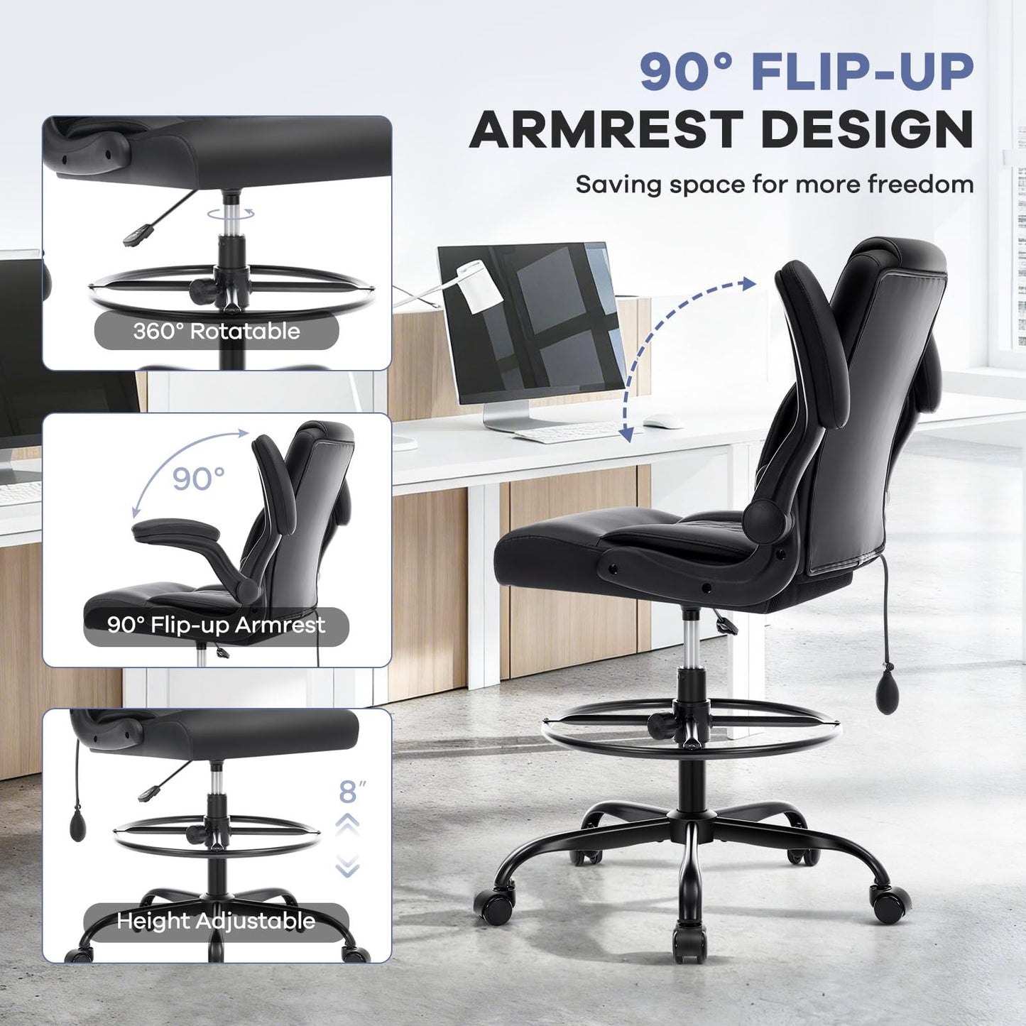 Morkprism Leather Drafting Chair, Tall Office Chair for Standing Desk, High Executive Office Chair with Inflatable Lumbar Support,Adjustable Height,Flip-up Armres and Foot Ring Studio Chair Black