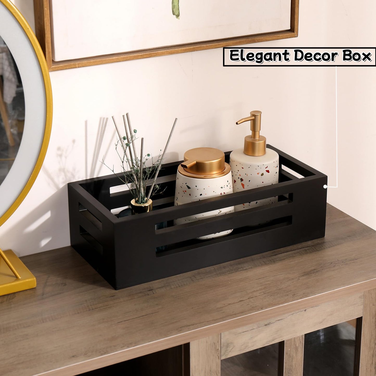 Black Decor Box Wooden Toilet Tank Paper Basket with Handles for Organizing,Bathroom Decor Box for Toilet Paper Storage