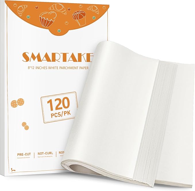 SMARTAKE 120Pcs Parchment Paper Sheets, 8x12 Inch Pre-Cut Parchment Paper for Baking, Non-Stick Baking Paper, Natural Wood Pulp, for Air Fryer Steaming Grilling Rack Oven (White)