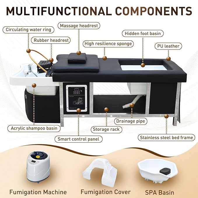 Head Spa Bed, Massage Table with Footbath, Japanese Head/Feet SPA Equipment, Professional Massage Shampoo Bed with Foot Bath Basin, Water Circulation System, for Spa Beauty Salon Barber (B)