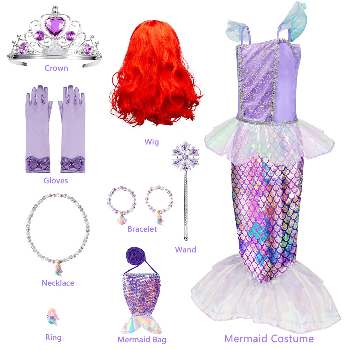 Meland Princess Dress Up for Girls - Mermaid Dress Costumes for Girls with Wig, Girl Mermaid Toys Birthday Gift for Girl 3-8