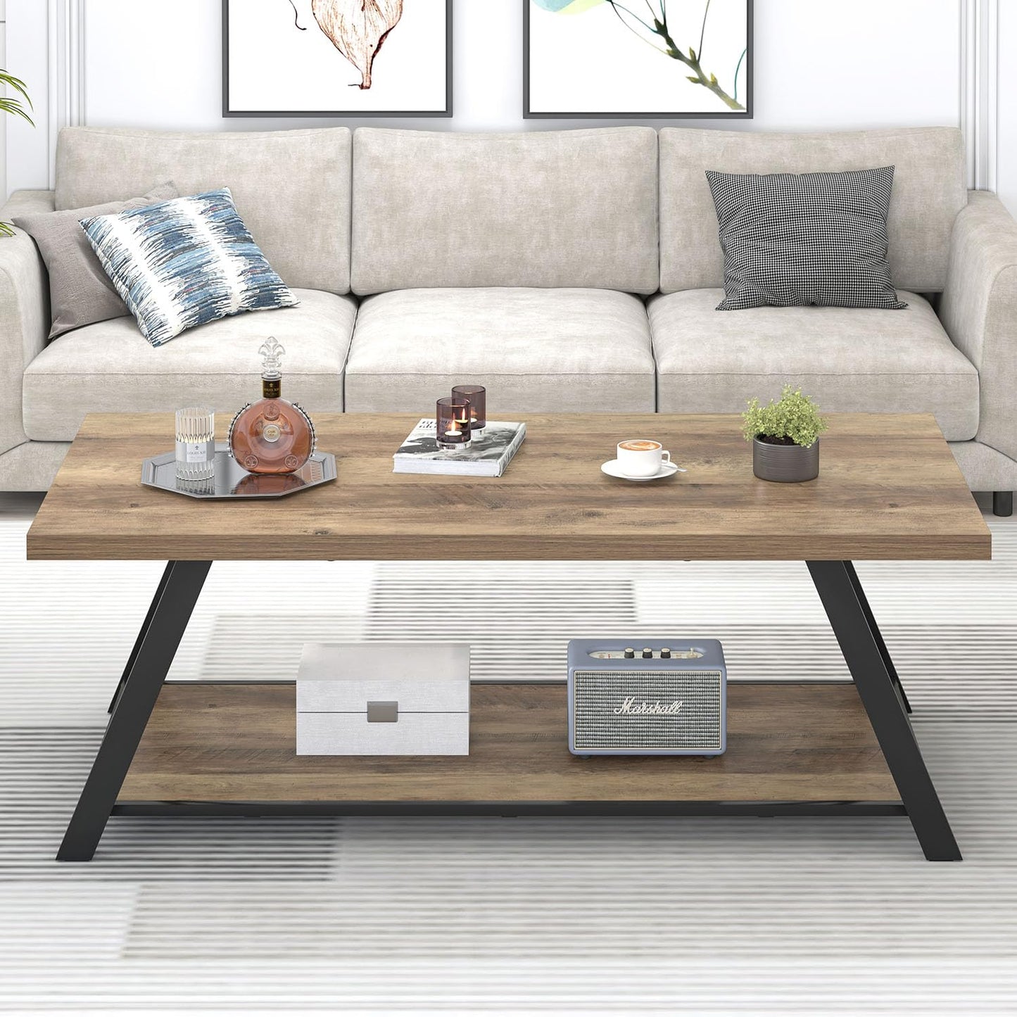 EXCEFUR Modern Coffee Table, Rectangle Center Table for Living Room with Storage Shelf, Industrial Wood and Metal Cocktail Tea Table, Rustic Oak, 47 Inch