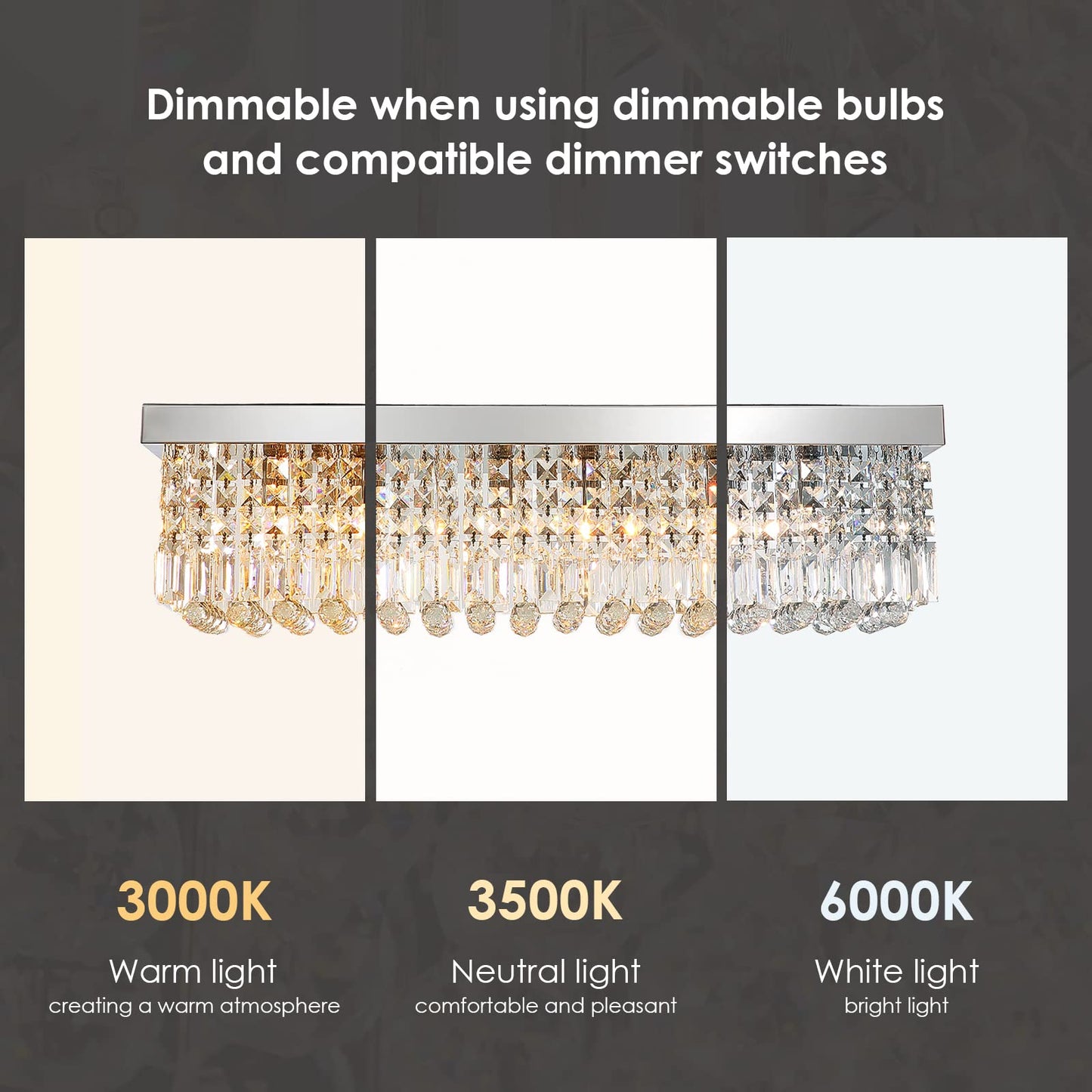Siljoy Modern Crystal Chandelier 6-Lights Rectangular Flush Mount Pendant Ceiling Light Fixture Rectangle K9 Crystal Raindrop Chandelier for Dining Living Room Kitchen Island L31.5'' x W10'' x H10'