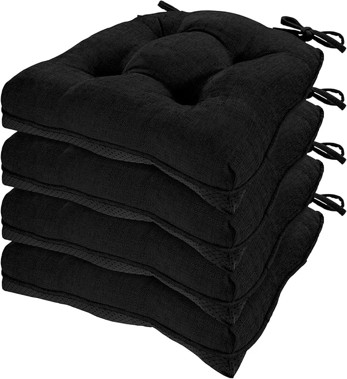 HARBOREST Chair Cushions for Dining Chairs Set of 4 - Chenille Tufted Kitchen Chair Cushions with Ties and Non-Slip Bottom, Foam Chair Pads for Dining Chairs, 17" x 17", Black