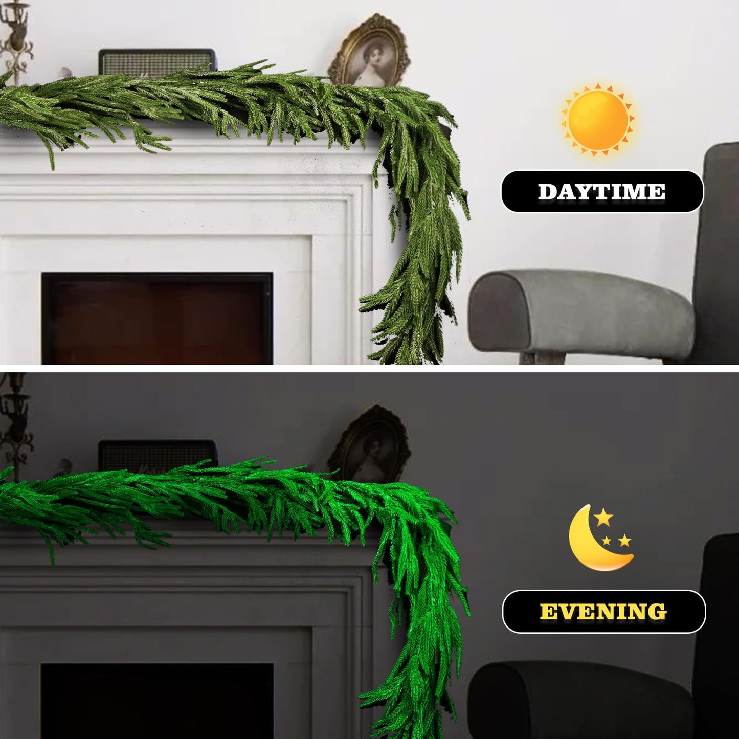 Christmas Garland Glow in The Dark,Artificial Luminous Green Norfolk Pine Garlands,Real Touch Winter Greenery Garland for Christmas Tree Decor Outdoor Garden Table Fireplace Wall Home Decoration