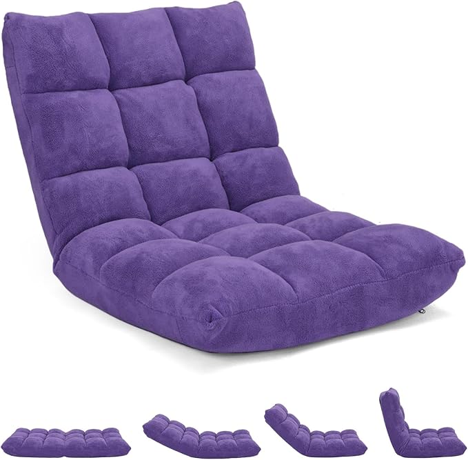 Folding Floor Chair w/Back Support, 14-Position Adjustable Lazy Sofa Chair w/Coral Velvet Fabric & Alloy Steel Frame, Portable Meditation Chair for Reading, Gaming,Sleeping (Purple)