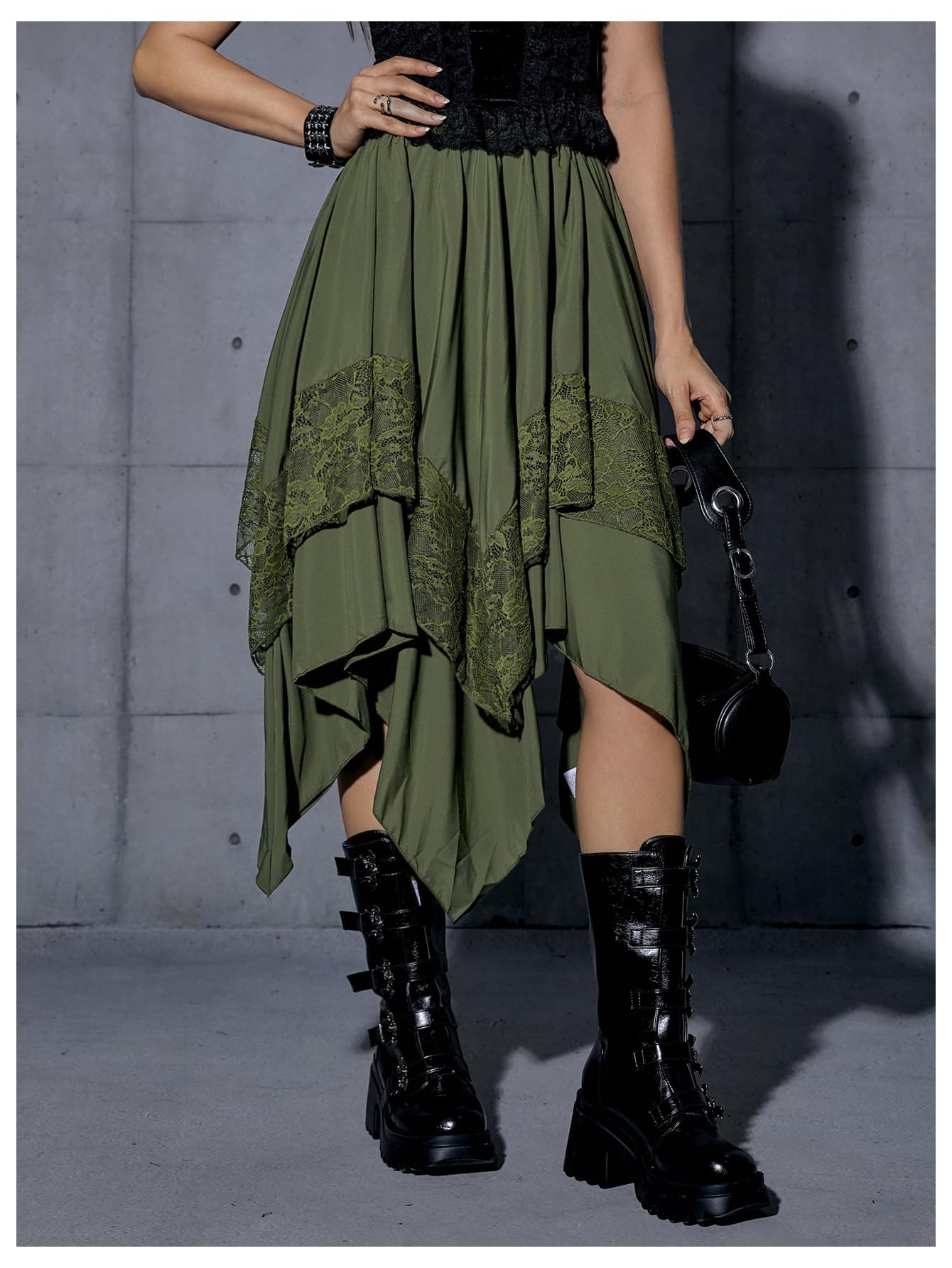 Verdusa Women's Renaissance Flowy Fairy Skirt Y2k Contrast Lace Layered Asymmetrical Midi Skirts Army Green X-Small