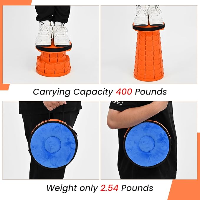FXKS 2 Pack Upgraded Collapsible Stool Folding Stool with Cushion,Retractable Folding Stool Max Load Capacity 400lbs, Portable Telescoping Stools for Camping Hiking Outdoor BBQ -Orange